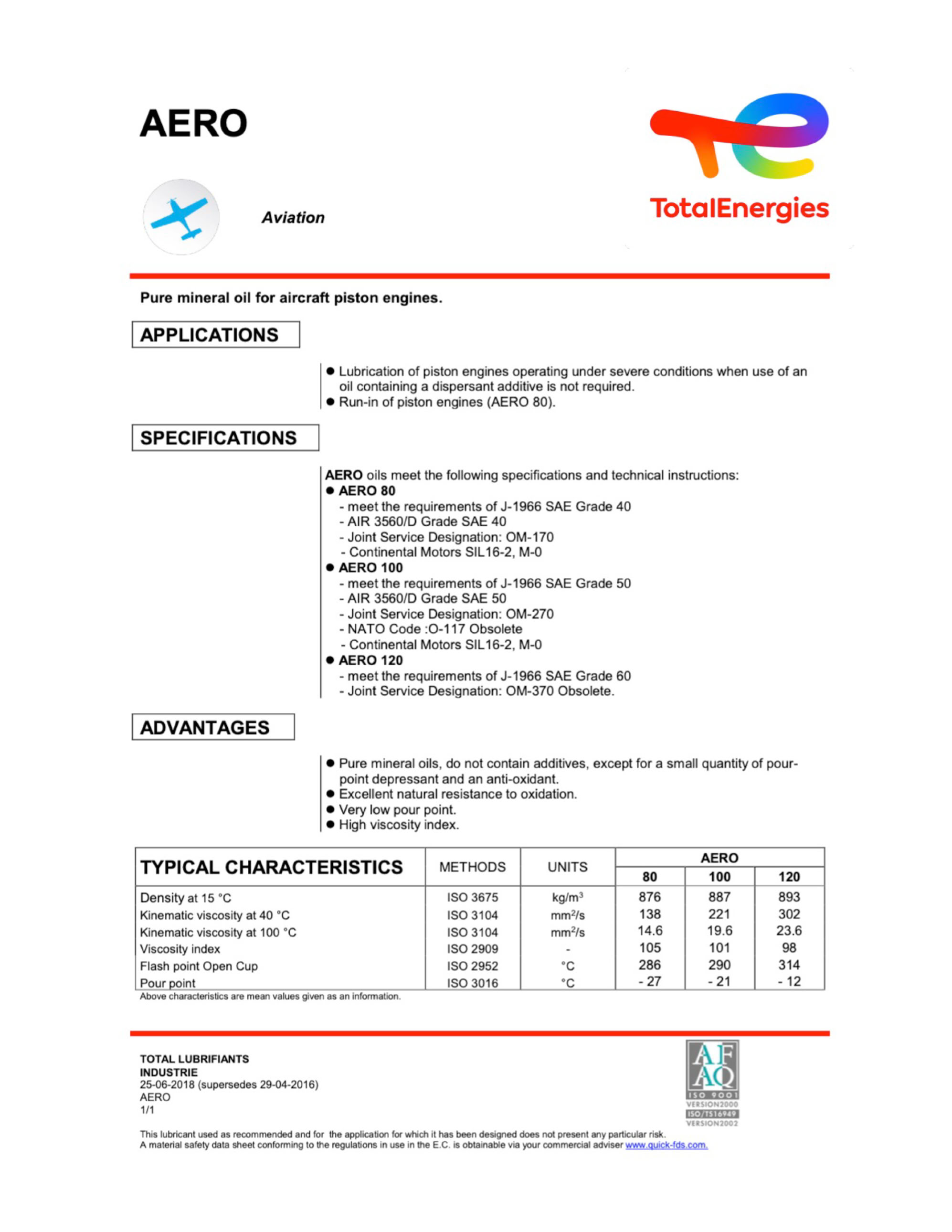 TotalEnergies informatie over hun  olie voor zuigermotoren voor de luchtvaart
